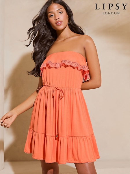 Portocaliu - Lipsy Bandeau Volănașe Summer Holiday Jersey Mini Rochie (N98248) | 144 LEI
