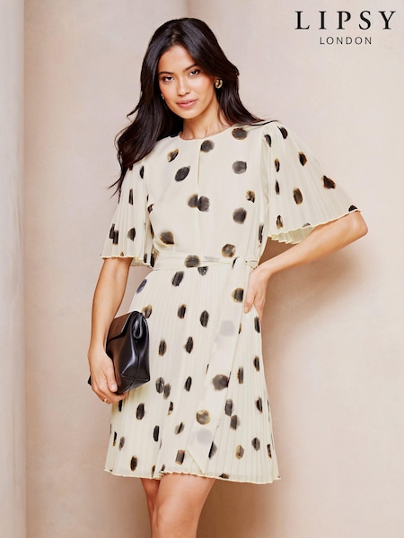 alb cu buline polka - Rochie mini cu mânecă scurtă evazată Plisat Lipsy (N98265) | 246 LEI