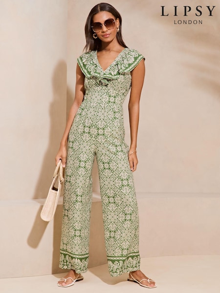 Lipsy Printed Ruffle V Neck Sleeveless Wide Leg Jumspuit (N98348) | 220 LEI