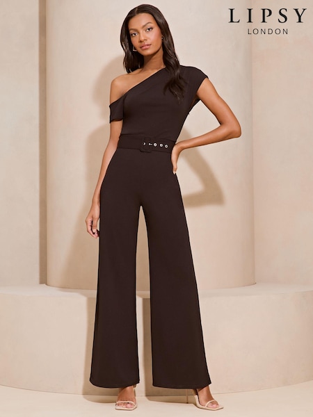 Черный - Lipsy Belted One Shoulder Bardot Wide Leg Jumpsuit (N98349) | €38