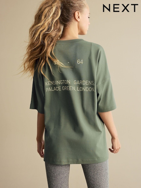 Olive Green Longline Oversized London Back Graphic Slogan 100% Cotton T-Shirt (N98477) | €9