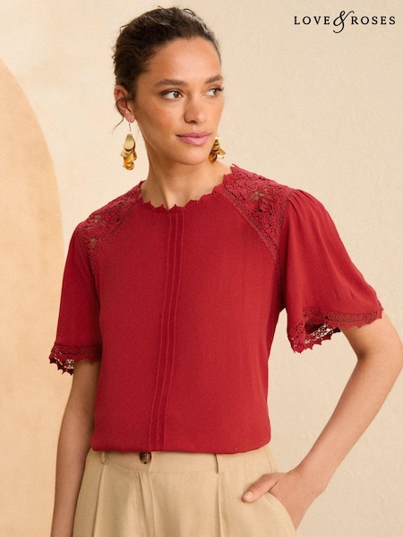 Love & Roses Crochet Detail Flutter Sleeve Blouse (N98484) | 129 LEI