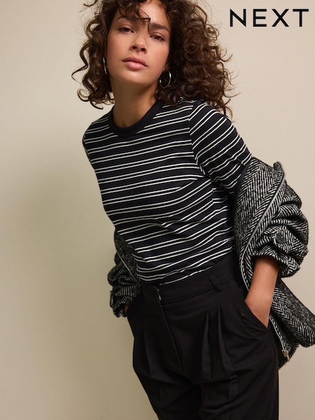 Black/White Essential Long Sleeve Crew Neck 100% Cotton T-Shirt (N98497) | $13