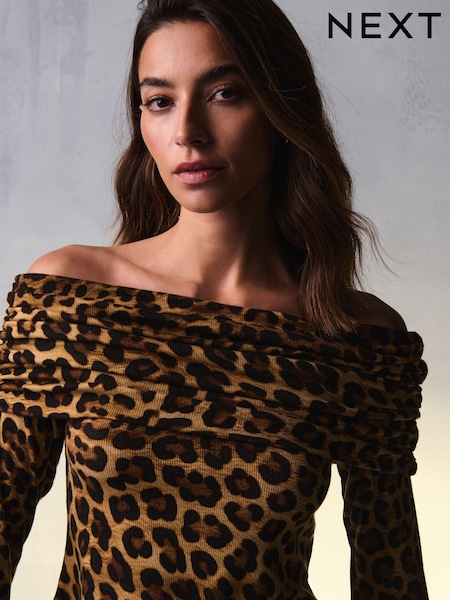 Leopard Print Ribbed Bardot Long Sleeve Top (N98504) | €4