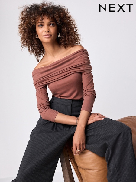 Rust Brown Ribbed Bardot Long Sleeve Top (N98505) | AED35