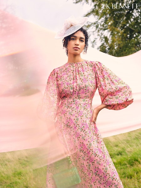LK Bennett Pink Lois Neon Garden Print Viscose-Silk Blend Dress (N98749) | €287