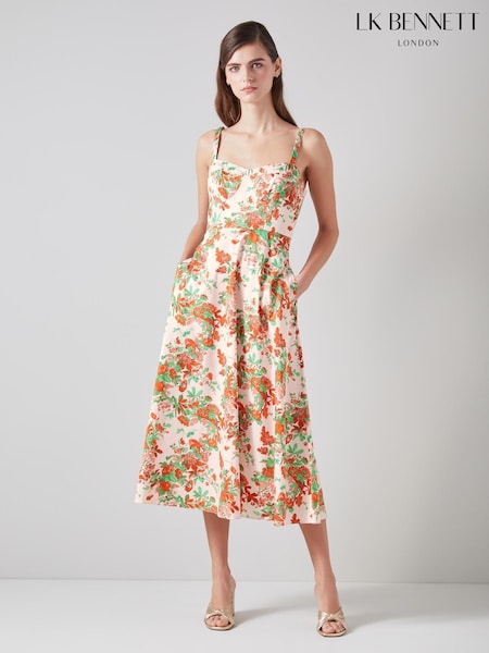 LK Bennett Pink Lucy Neon Garden 100% Cotton Sun Dress (N98762) | €213