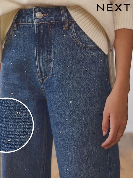 Dark Blue Embellished Wide Leg 100% Cotton Jeans (N98865) | €19