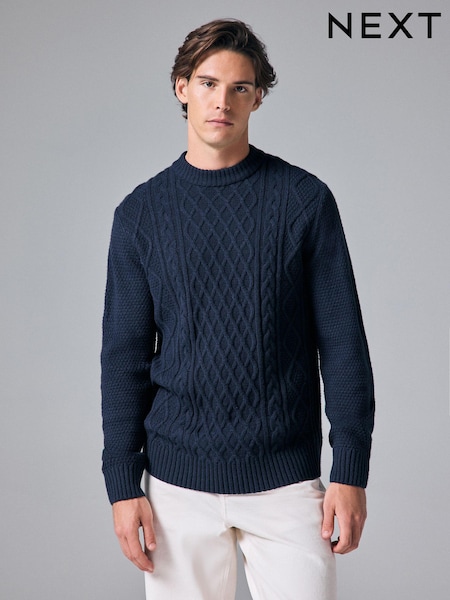 Marineblau/blau - Regular Fit Cable Knit Crew Jumper with Wool (N98951) | 11 €