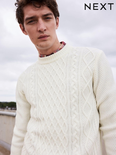 Ecru White Regular Fit Cable Knit Crew Jumper with Wool (N98953) | €8