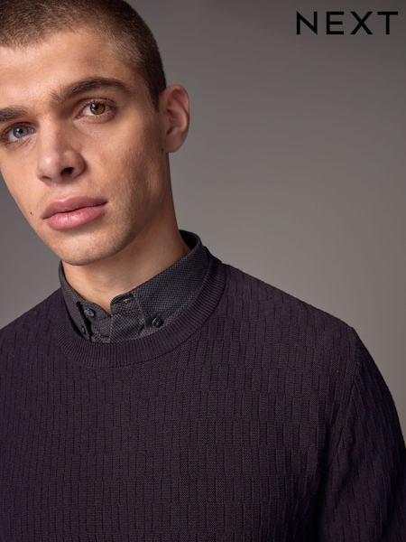 Black Texture Crew Neck Regular Mock Shirt Jumper (N98972) | R$ 400