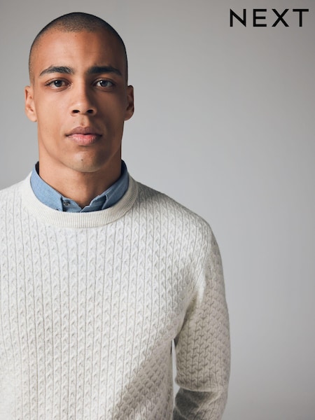 Ecru Cable Crew Neck Regular 100% Cotton Mock Shirt Jumper (N98974) | €9