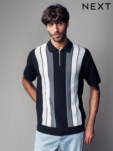 Black/White Regular Fit 100% Cotton Knit Vertical Stripe Quarter Zip Polo Shirt (N99019) | $55