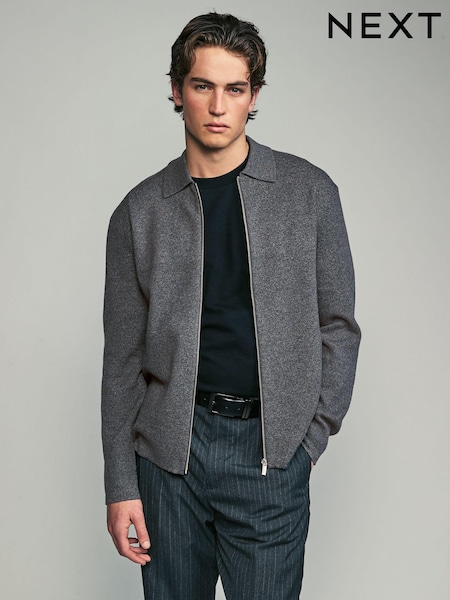 V barvi oglja - Regular Fit Cotton Rich Knit Zip-Through Shacket (N99021) | € 27