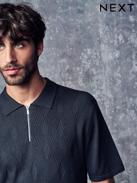 Navy Blue Regular Fit Textured Knit Quarter Zip Polo Shirt (N99027) | €33