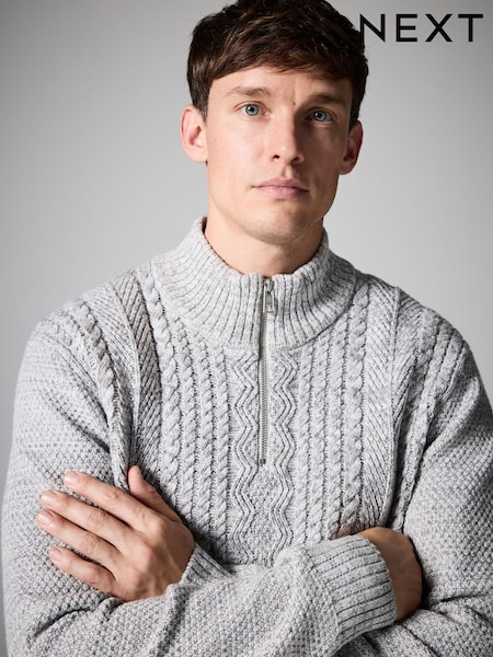 Grey Regular Fit Cotton Rich Cable Knit Quarter Zip Jumper (N99031) | AED92