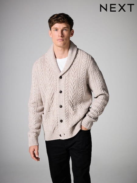 Neutral - Regular Fit Shawl Cable Knit Cardigan with Wool (N99033) | 179 LEI