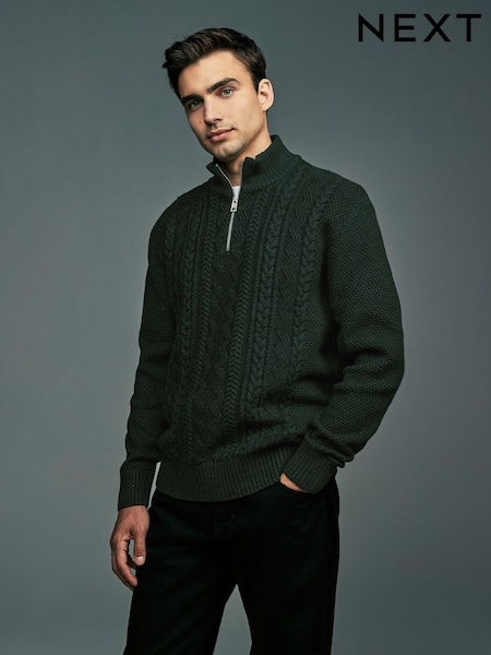 Dark Green Regular Fit Cotton Rich Cable Knit Quarter Zip Jumper (N99035) | €9