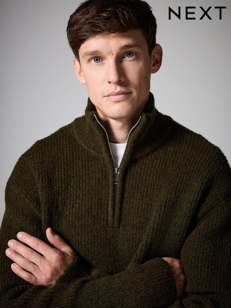 Olive Green Rib - Relaxed Fit Premium Soft Touch Quarter Zip Jumper with Wool (N99042) | € 32