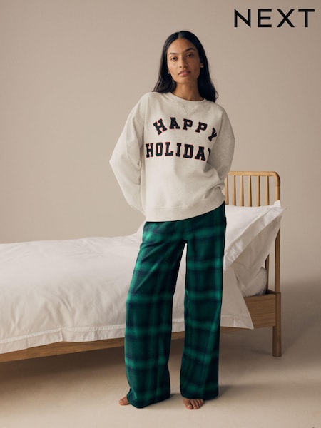 Gri/Verde - Womens 100% Cotton Matching Family Christmas Happy Holidays Pyjamas (N99052) | 168 LEI