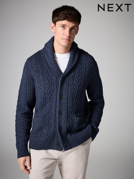 Bleumarin albastru - Regular Fit Shawl Cable Knit Cardigan with Wool (N99053) | 209 LEI