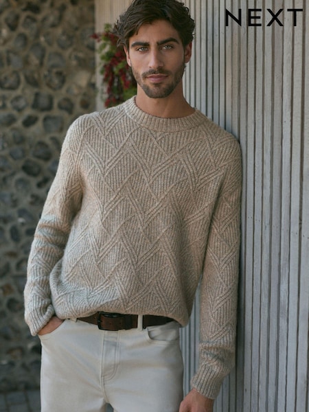 Neutral Relaxed Fit Textured Crew Jumper with Wool (N99059) | €22