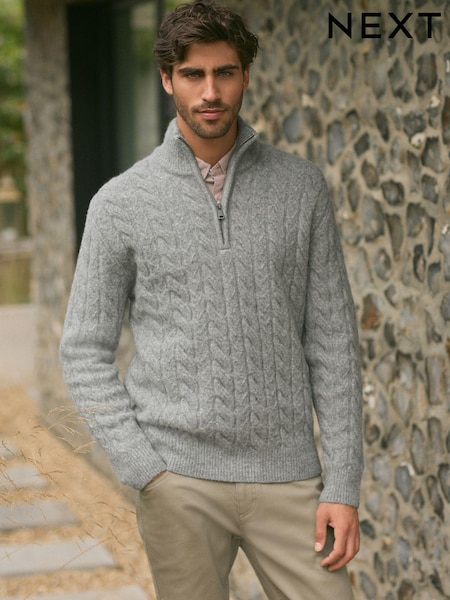 Grey Cable Relaxed Fit Premium Soft Touch Quarter Zip Jumper with Wool (N99061) | AED96