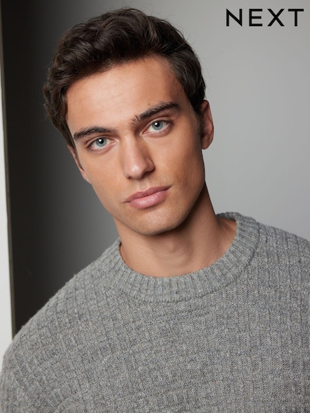 Grey Regular Fit Lambswool Rich Textured Crew Jumper (N99062) | €23
