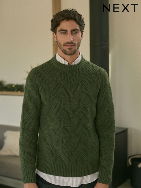 Green Relaxed Fit Textured Crew Jumper with Wool (N99064) | €20