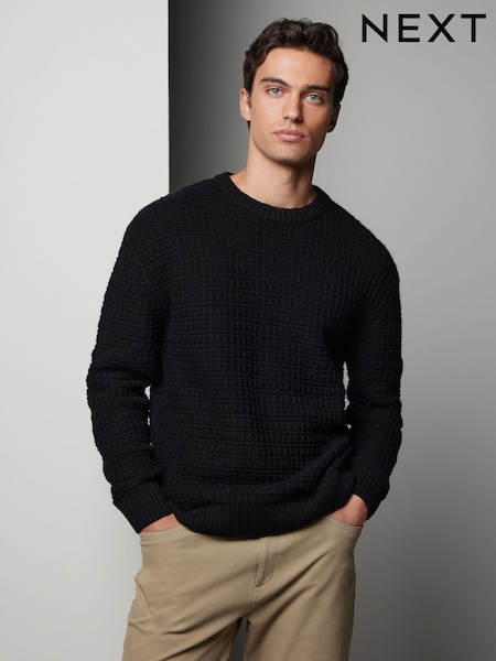 Black Regular Fit Lambswool Rich Textured Crew Jumper (N99066) | €26
