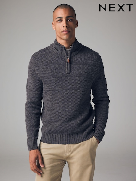 Harmaa - Regular Fit Textured Zip Neck Jumper with Wool (N99067) | €37