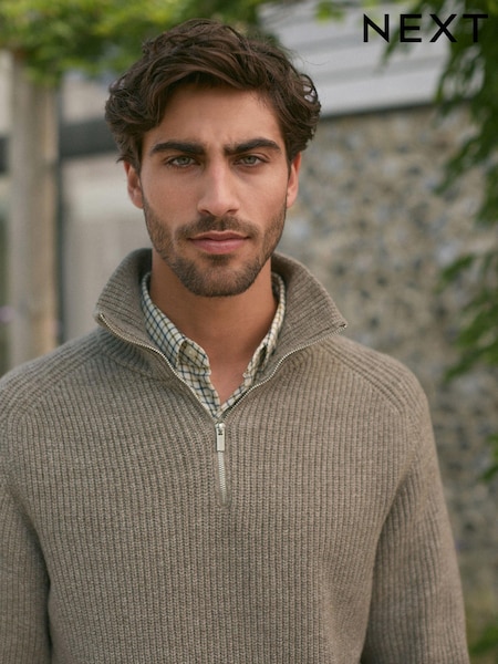 Neutral Relaxed Fit Textured Quarter Zip Neck Jumper with Wool (N99074) | $63