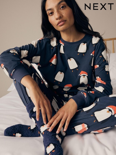 Navy Blue Matching Family Womens Christmas Penguin Pyjamas (N99078) | €19