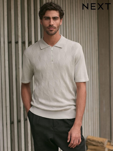Ice Grey Regular Fit Textured Knit Quarter Zip Polo Shirt (N99090) | $54