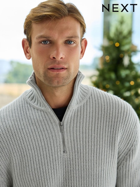 Ecru White Regular Fit Rib Quarter Zip Jumper with Wool (N99093) | $40