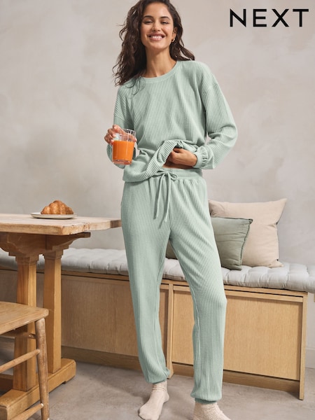 Sage Green Cosy Waffle Long Sleeve Pyjamas (N99096) | €25