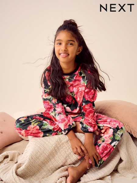 Black/Pink Floral Cosy Fleece Pyjamas (9mths-16yrs) (N99223) | AED53 - AED85