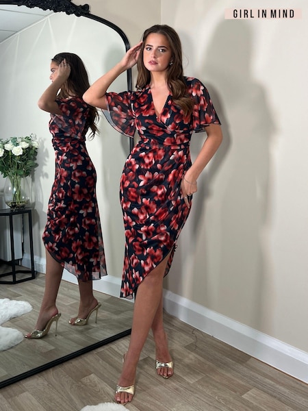 Girl In Mind Red Floral Natasha Angel Sleeve Wrap Midi Dress (N99329) | €27