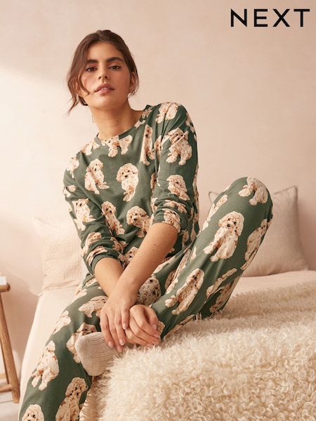 צבע ירוק מרווה עם עיטור של Charlie The Cockapoo - 100% Cotton Long Sleeve Pyjamas (N99556) | ‏87‏₪