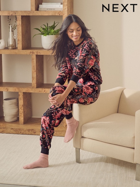 Black/Pink Floral Cosy Long Sleeve Pyjamas (N99558) | €19