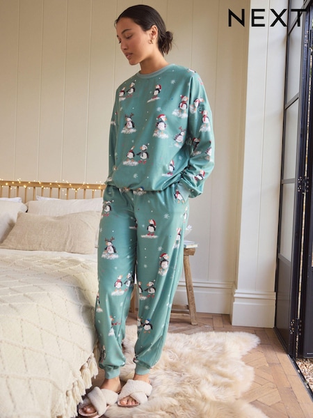 Sage Green Puffins Christmas Cosy Long Sleeve Pyjamas (N99585) | AED76