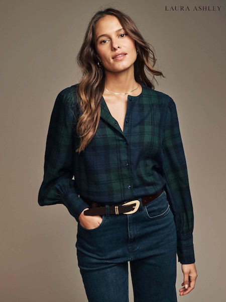Laura Ashley Green/Black Navy Watch Check Puff Sleeve Blouse (N99626) | €30