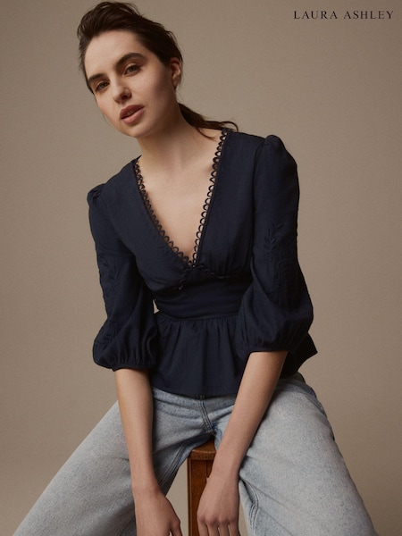 Laura Ashley Sateen Embroidered Puff Sleeve Peplum Top (N99631) | 204 LEI