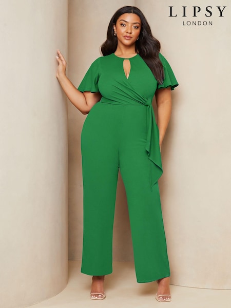Lipsy Green Curve Flutter Sleeve Tie Side Wide Leg Jumpsuit (N99703) | €19.50