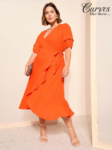 Curves Like These Dobby Puff Sleeves Midi Wrap Dress (N99871) | €31