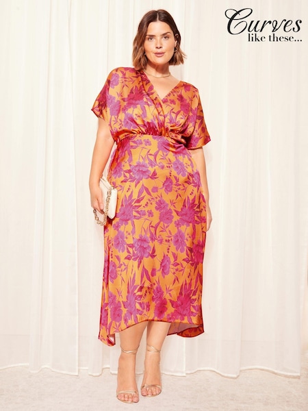 Curves Like These Satin Short Sleeve Wrap Midi Dress (N99899) | €27