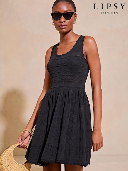 Lipsy Black Petite Knitted Stitch Detail Fit and Flare Mini Dress (N99930) | €25