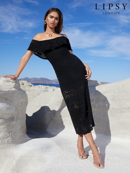 Черный - Lipsy Bardot Crochet Knit Maxi Dress (N99954) | €32