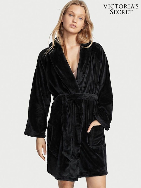 Victoria's Secret Black Embossed Logo Cosy Short Dressing Gown (P27658) | €56