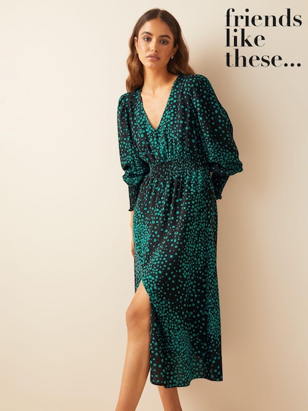 Friends Like These Green Black Print V Neck Shirred Waist Long Puff Sleeve Midi Dress (P32460) | €13.50